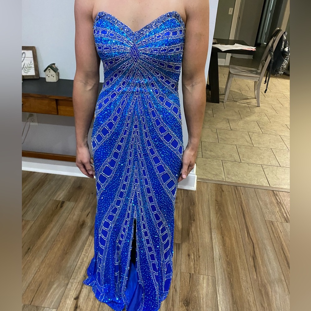 Formal long blue sequence dress with front slit Studio 17